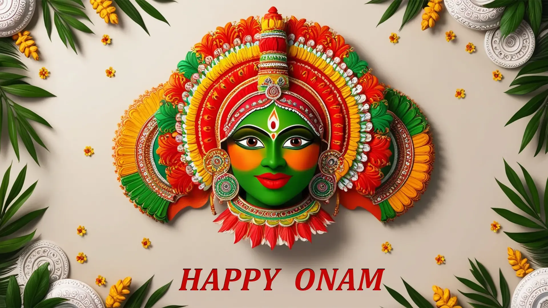 Vibrant Happy Onam Banner Card with Traditional Kathakali Art